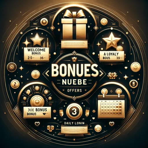 An infographic in dark gold showcasing three key bonuses offered by Nuebe Gaming: a gift box representing the Free Sign-up Bonus, a bursting treasure chest for the Daily Cash Chest, and a vibrant calendar marked with coins for the Daily Cash Bonanza.