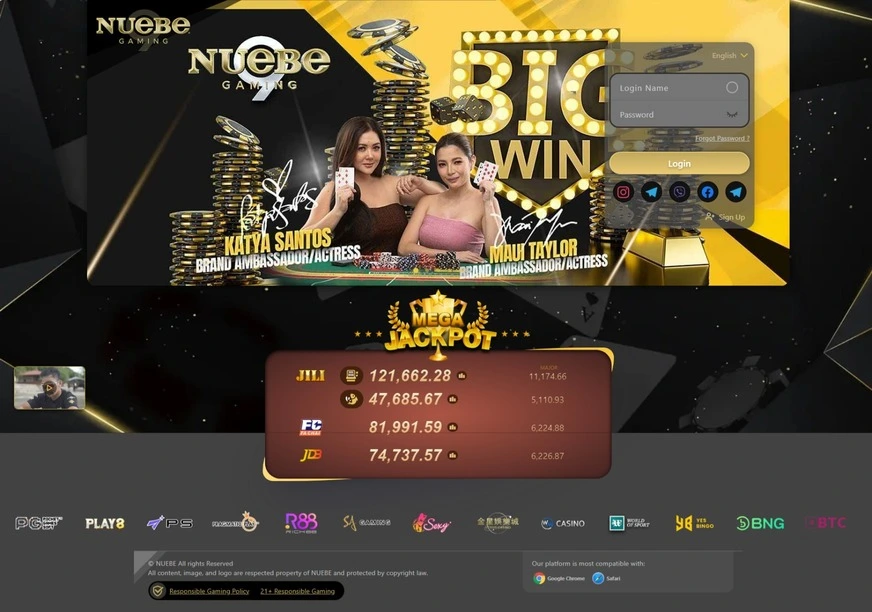 Screenshot of Nuebe Gaming's front page featuring a 'BIG WIN' sign, brand ambassadors Katya Santos and Maui Taylor, and the current 'MEGA JACKPOT' values against a luxurious gold and black theme.
