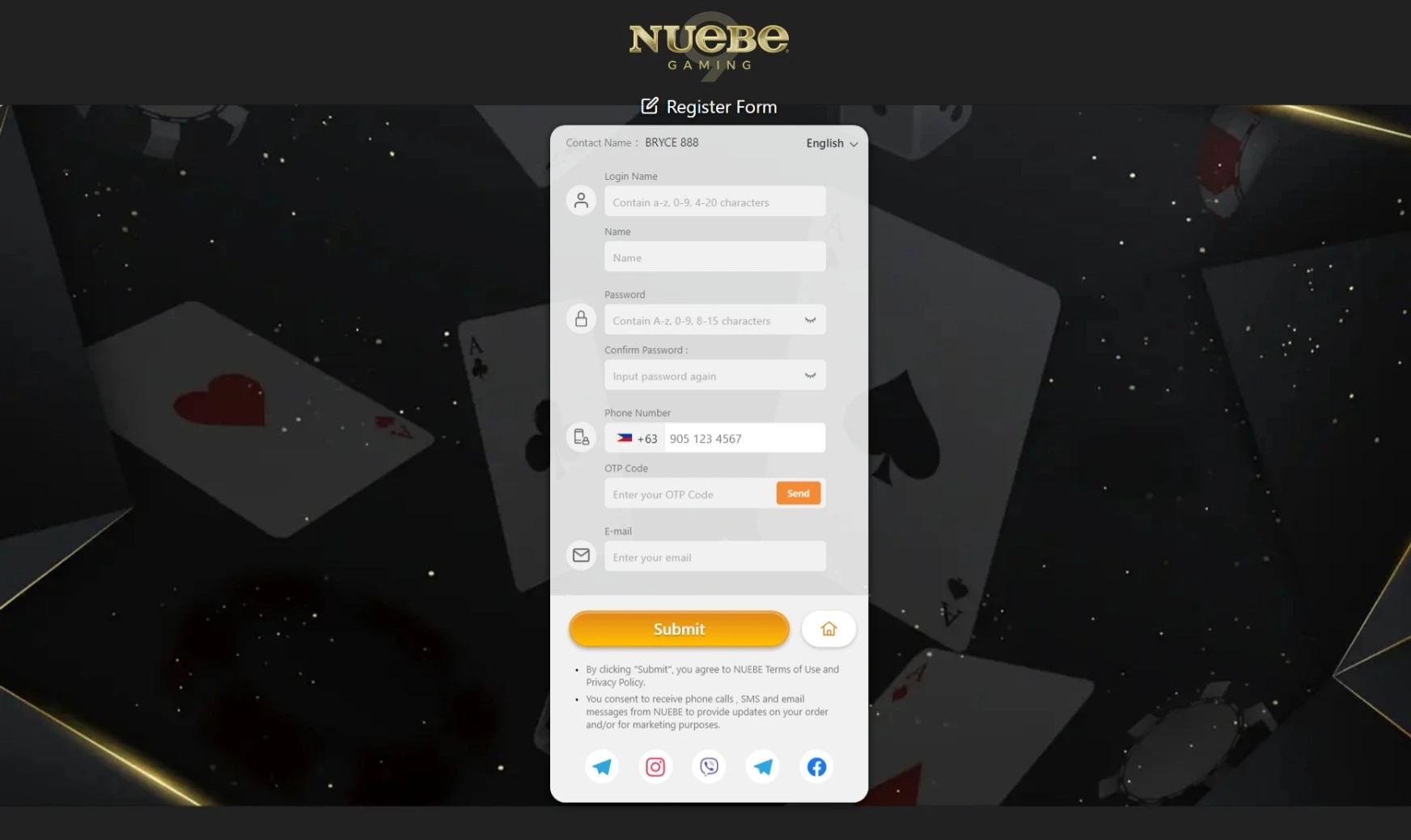 Nuebe Gaming sign up form page with fields for account details against a backdrop of floating casino elements.