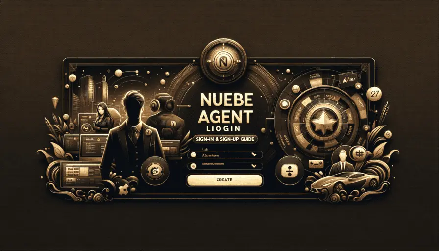 Sophisticated web banner for 'Nuebe Agent Login: Sign-in & Sign-up Guide', featuring digital login forms and agent avatars with dark gold accents.
