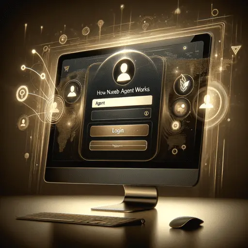 Digital illustration of a modern login interface in dark gold, symbolizing the Nuebe agent login process with abstract elements representing networking and recruitment.