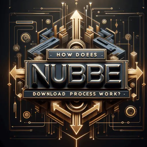 Graphic illustrating 'How Does Nuebe Gaming App Download Process Work?' with a high-tech design in dark gold.