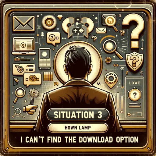 Graphic for 'Situation 3: I Can't Find the Download Option' showing a person confusedly searching Nuebe Gaming App on a screen with dark gold elements.