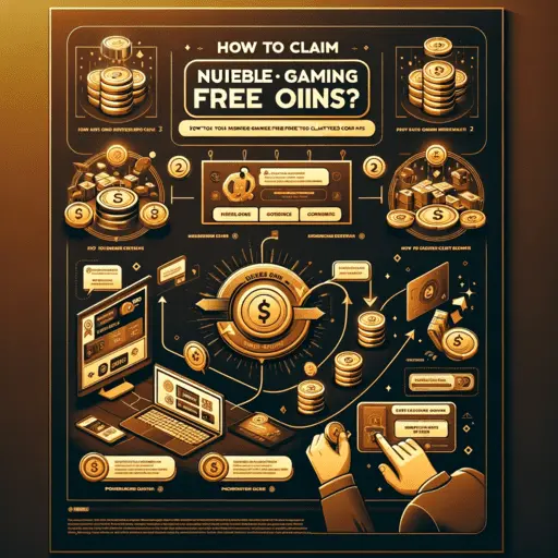 An instructional infographic against a dark gold background, detailing the process of claiming free coins on Nuebe Gaming. It includes icons representing logging in, navigating to promotions, selecting the free coins offer, and confirming the claim.