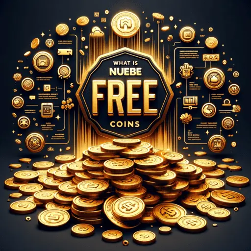 An infographic showcasing a cascade of golden coins, each embossed with the Nuebe Gaming logo, set against a dark gold background. The image visually represents the concept of 'Free Coins' as a form of free bonuses in Nuebe Gaming.