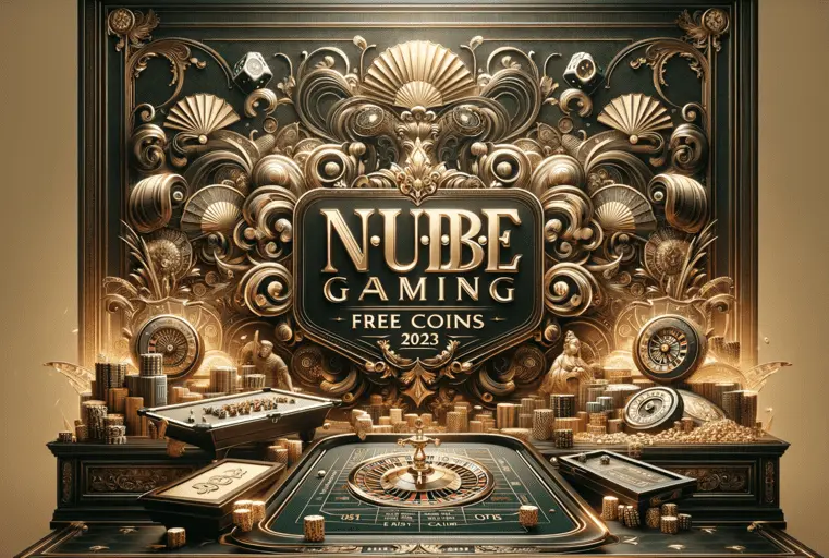 Nuebe Gaming Free Coins 2023 promotional banner with dark gold accents showcasing luxury casino elements.