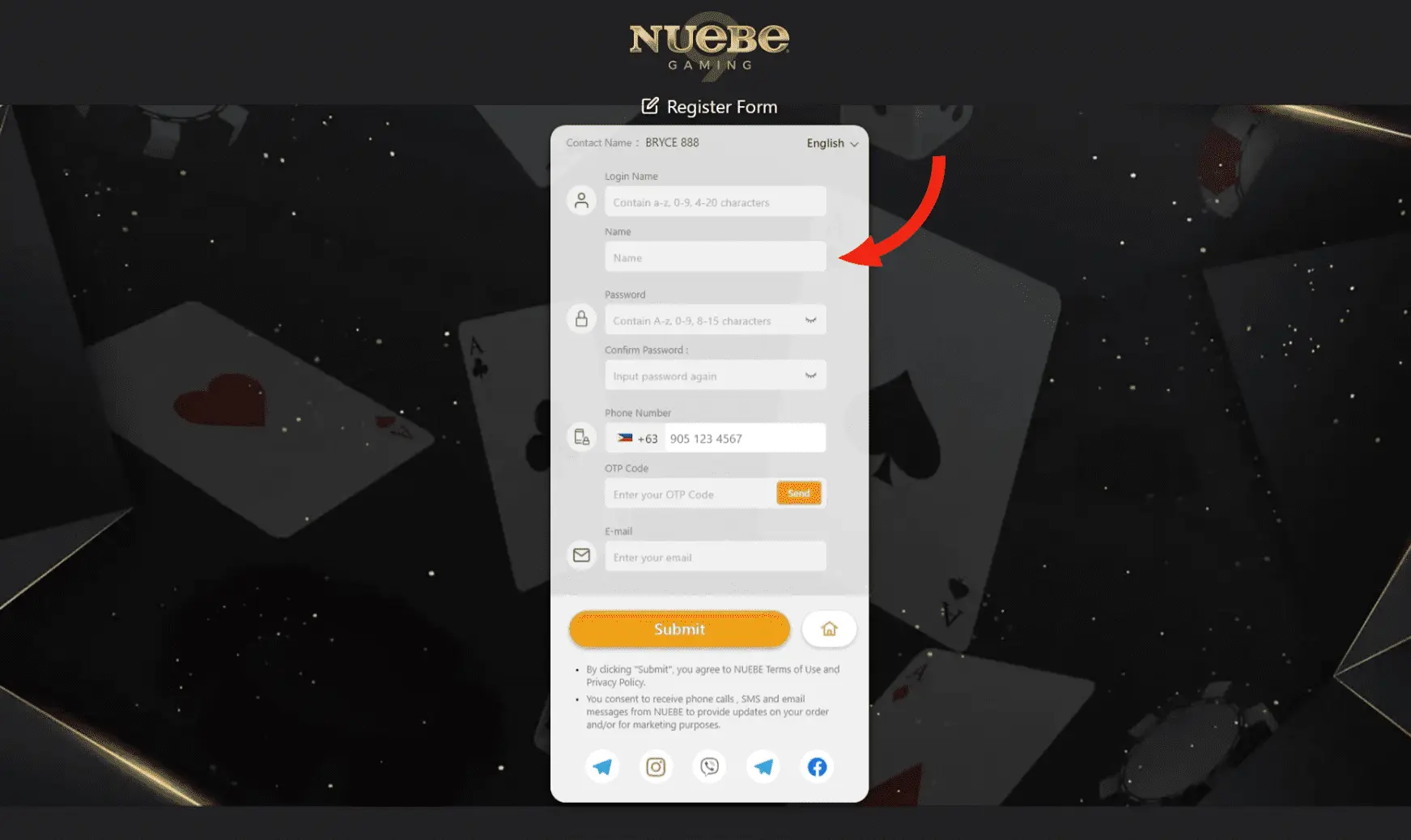 Registration form section on Nuebe Gaming's website, highlighting the field for entering the user's real name, distinct from the login name.