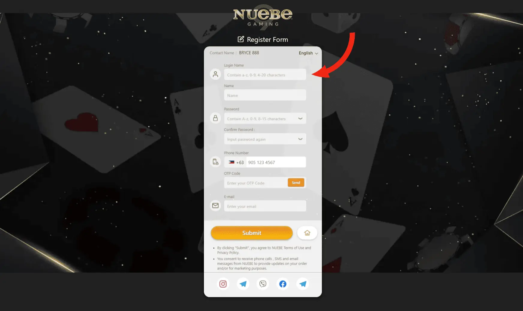 Close-up of the 'Login Name' field on Nuebe Gaming sign up form, set against a celestial backdrop with casino motifs.