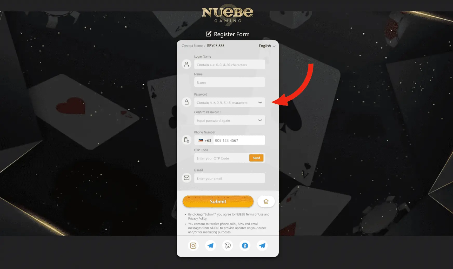 Screenshot highlighting the 'Password' field in Nuebe Gaming sign up form, emphasizing secure password criteria amid a cosmic casino setting.