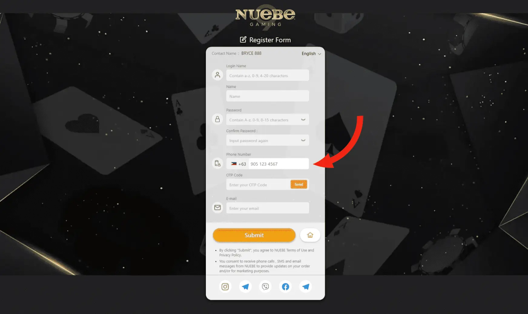 Registration form on Nuebe Gaming's website with an arrow pointing to the 'Phone Number' field for OTP verification amidst a floating card motif background.