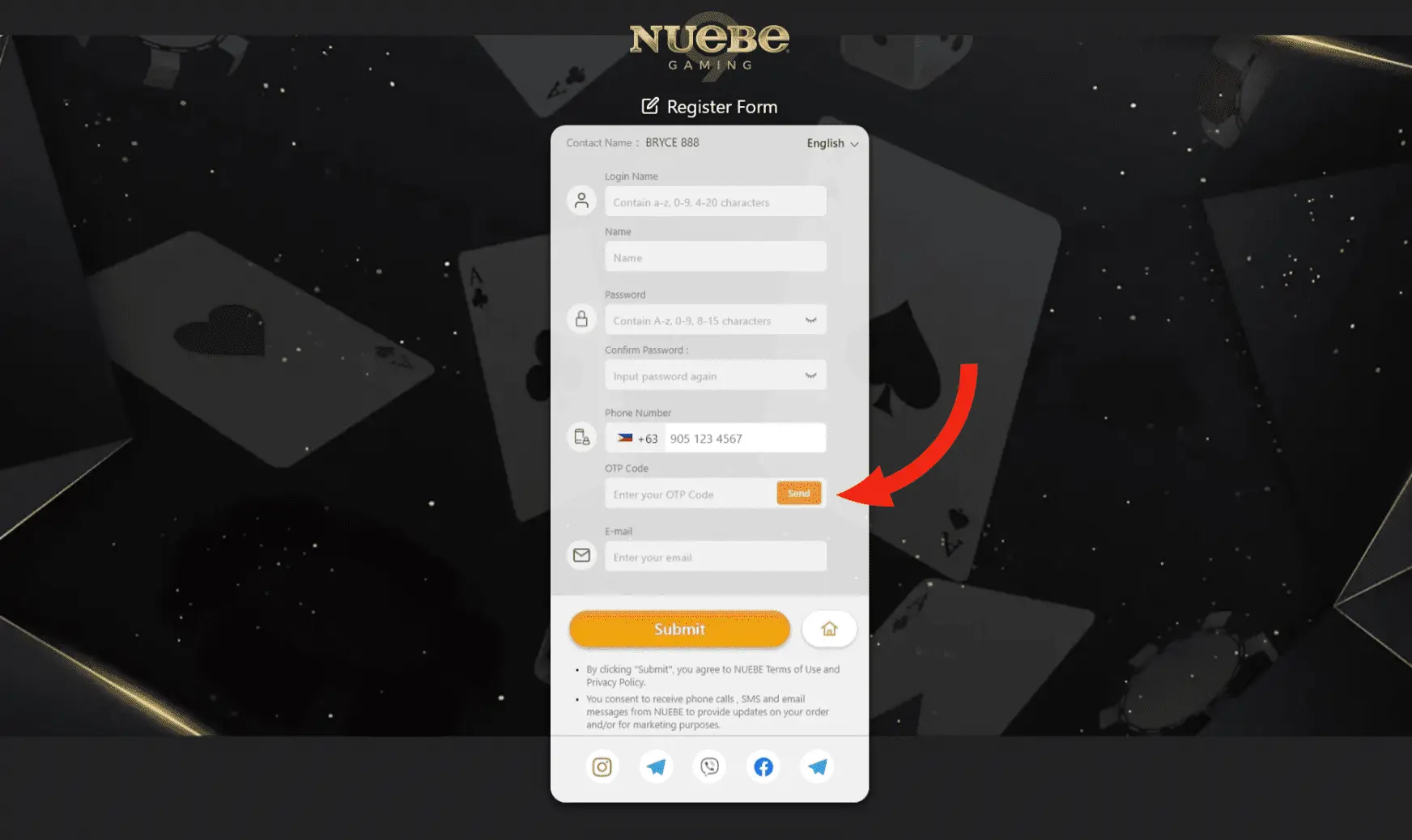Focused view of the OTP Code field on Nuebe Gaming sign up form, awaiting entry of the verification code received on the user's mobile.