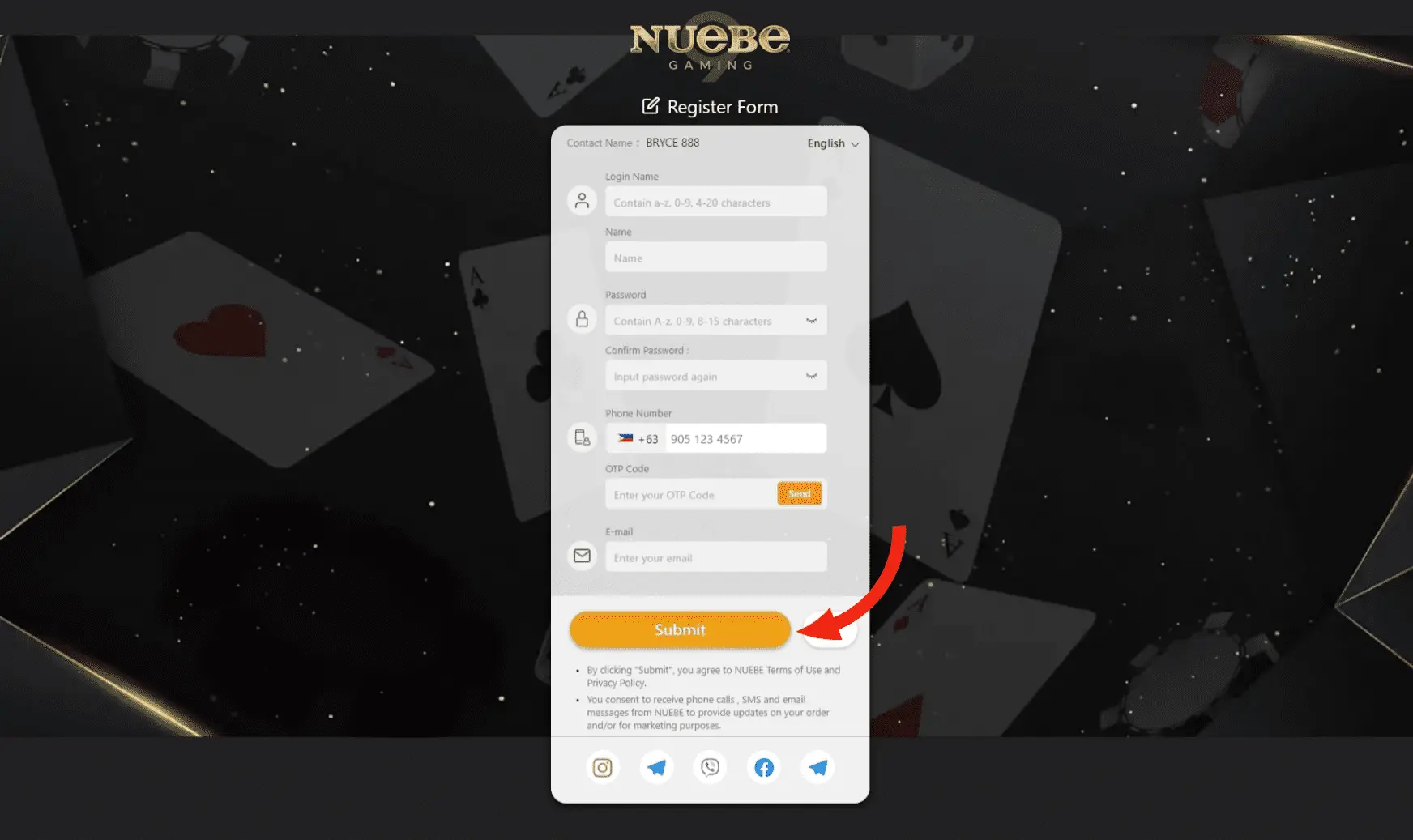 Final step of the Nuebe Gaming sign up form, showcasing the 'Submit' button ready for new members to confirm their details.