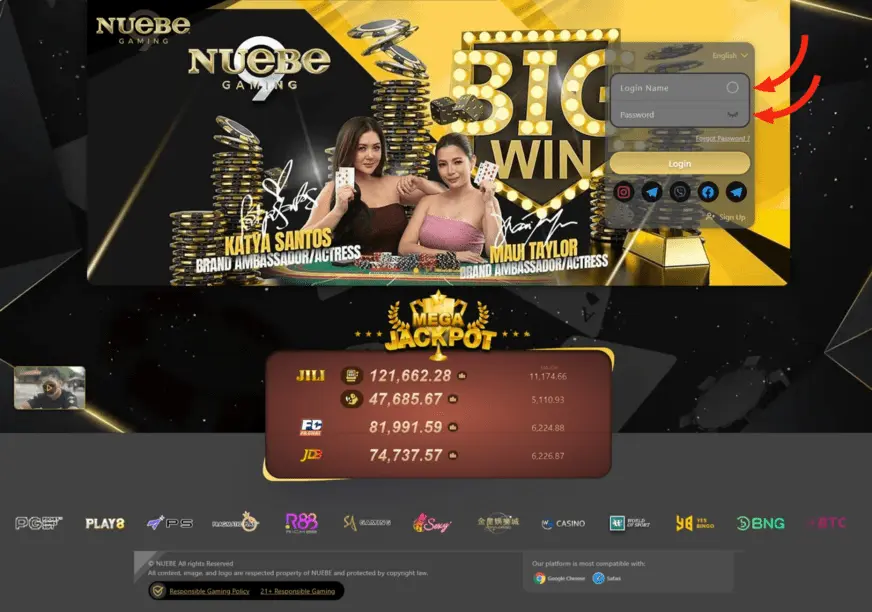 Login interface on Nuebe Gaming's homepage featuring the login fields and the Persistent Login option, set against a backdrop of brand ambassadors and jackpot information.