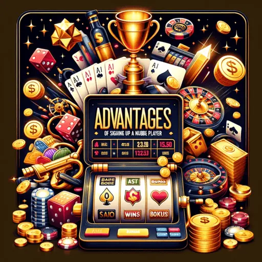 Vibrant image showcasing the thrill of gaming with slot machines, cards, dice, and symbols of rewards like gold coins and trophies, set against a dark gold-themed background.