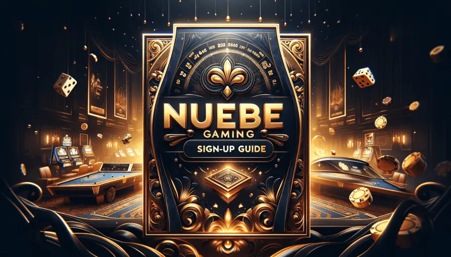 Ornate golden banner titled 'Nuebe Gaming Sign Up Guide' set against a luxurious casino setting with floating dice and golden coins, invoking the grandeur of gambling.
