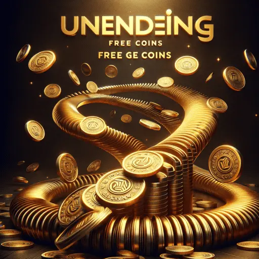 A promotional image with a deep dark gold background, depicting a lavish cascade of golden coins emblazoned with the Nuebe Gaming logo, symbolizing the continuous availability of free coins in the platform.