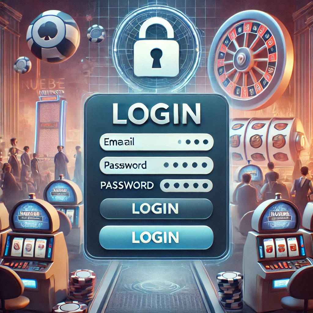 A secure online casino login interface for Nuebe Gaming, featuring fields for email and password, with casino game visuals like slot machines and poker tables in the background. Icons representing encryption and two-factor authentication highlight security.