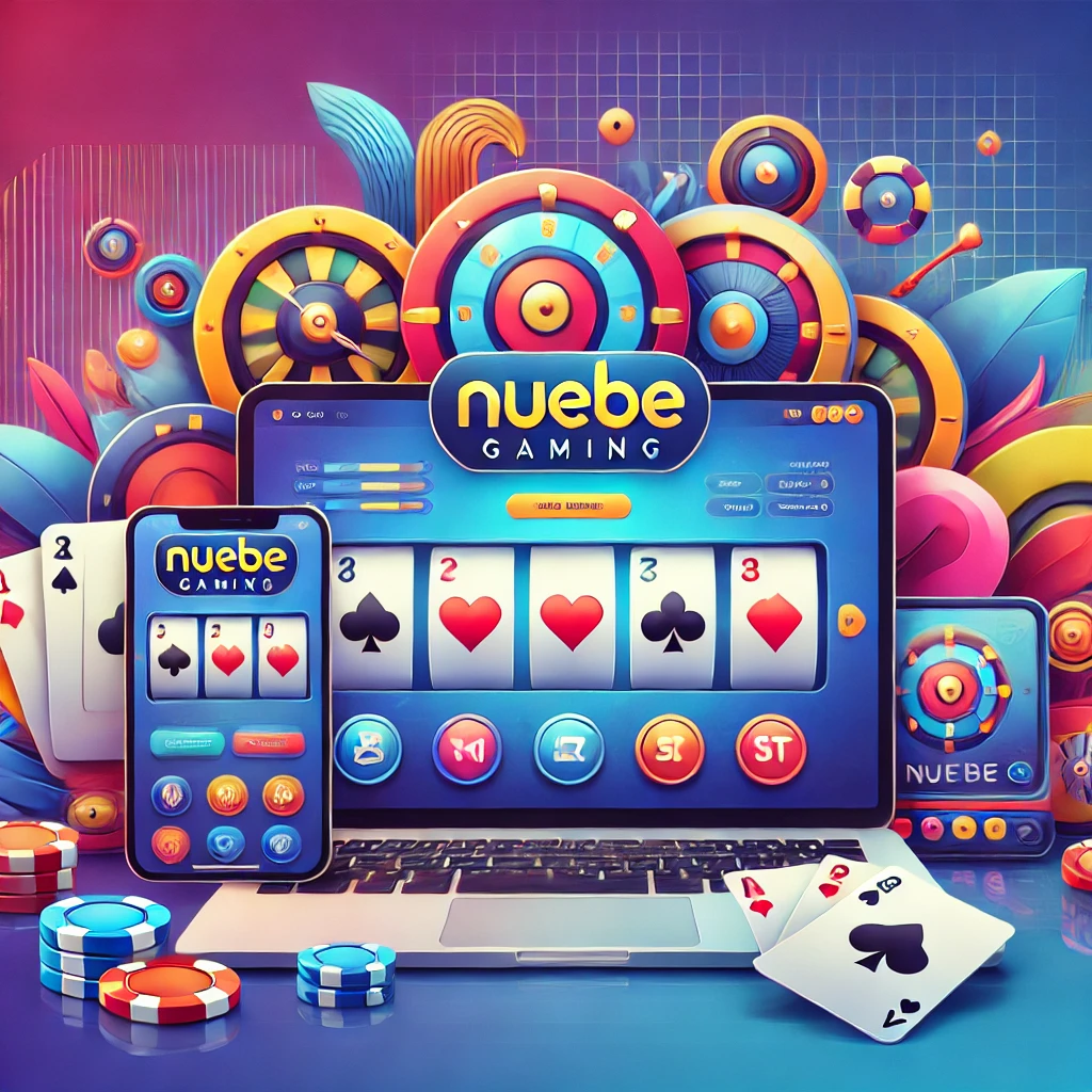 An illustration of the Nuebe Gaming platform interface displayed on a laptop, tablet, and smartphone, surrounded by colorful elements like poker chips, playing cards, and slot machines, representing various games available on the platform. The interface is user-friendly and engaging, with the Nuebe Gaming logo prominently shown at the top.