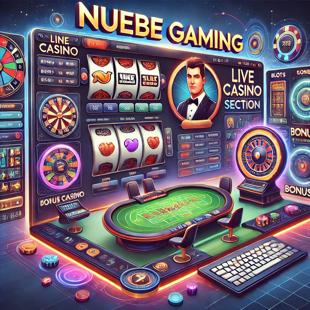 Illustration of the Nuebe Gaming online casino interface featuring vibrant slot games, a live casino section with a dealer, and a user-friendly menu layout. The design includes banners displaying bonus offers and promotions, creating an inviting and exciting online gaming environment.