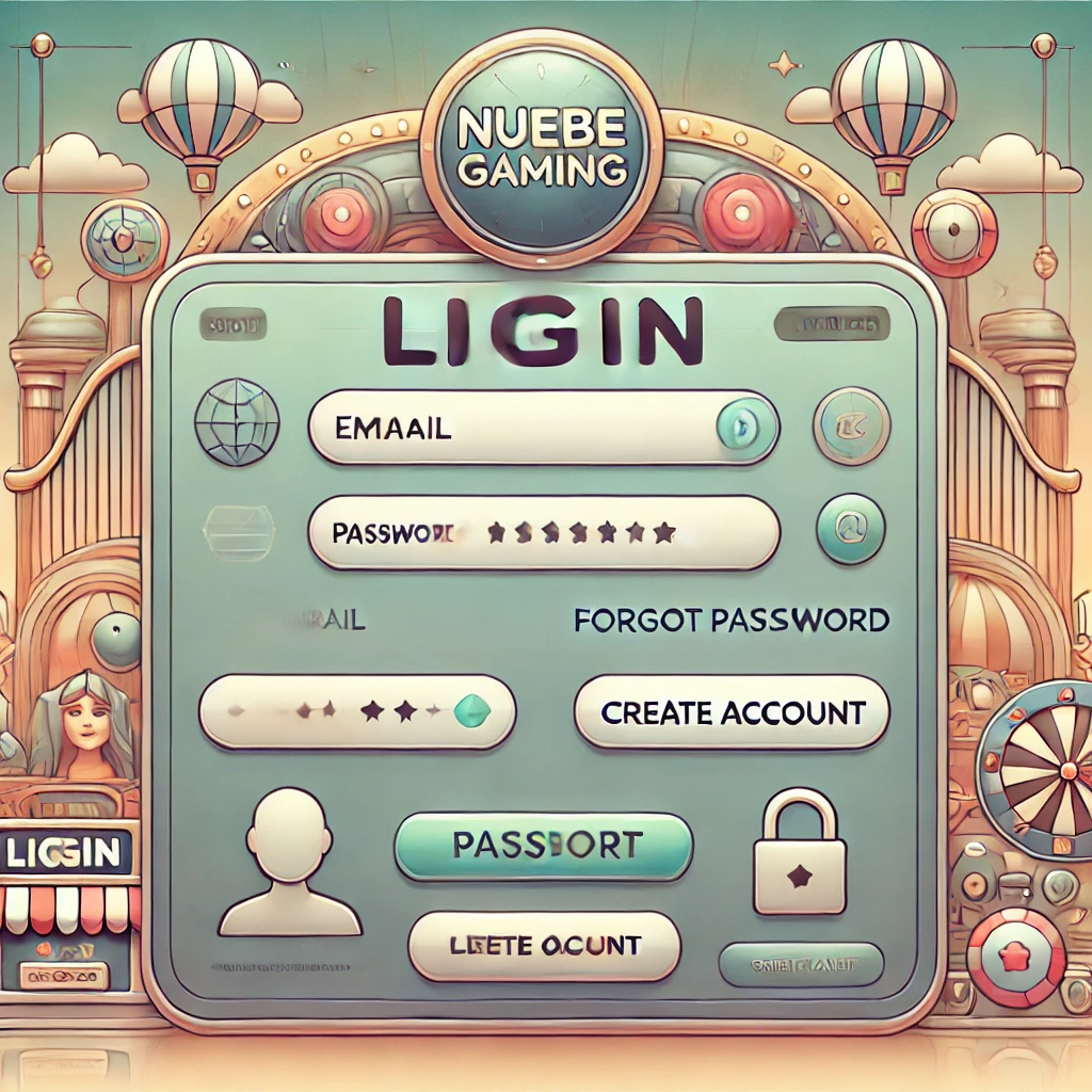 Illustration of the Nuebe Gaming secure login page with input fields for email and password, a prominent 'Login' button, and a two-factor authentication prompt. The design includes a 'Forgot Password' link and a 'Create Account' option below the login form, with the Nuebe Gaming logo at the top and a soft, inviting background reflecting an online casino theme.