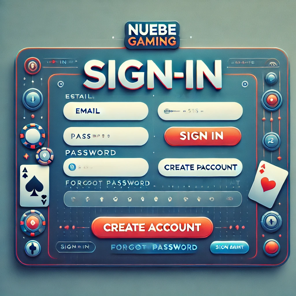 Illustration of the Nuebe Gaming sign-in page featuring input fields for email and password, a 'Sign In' button, and options for 'Forgot Password' and 'Create Account' below the form. The design is modern and user-friendly, with the Nuebe Gaming logo displayed prominently at the top and subtle graphics of playing cards and slot symbols in the background, creating a welcoming online gaming environment.