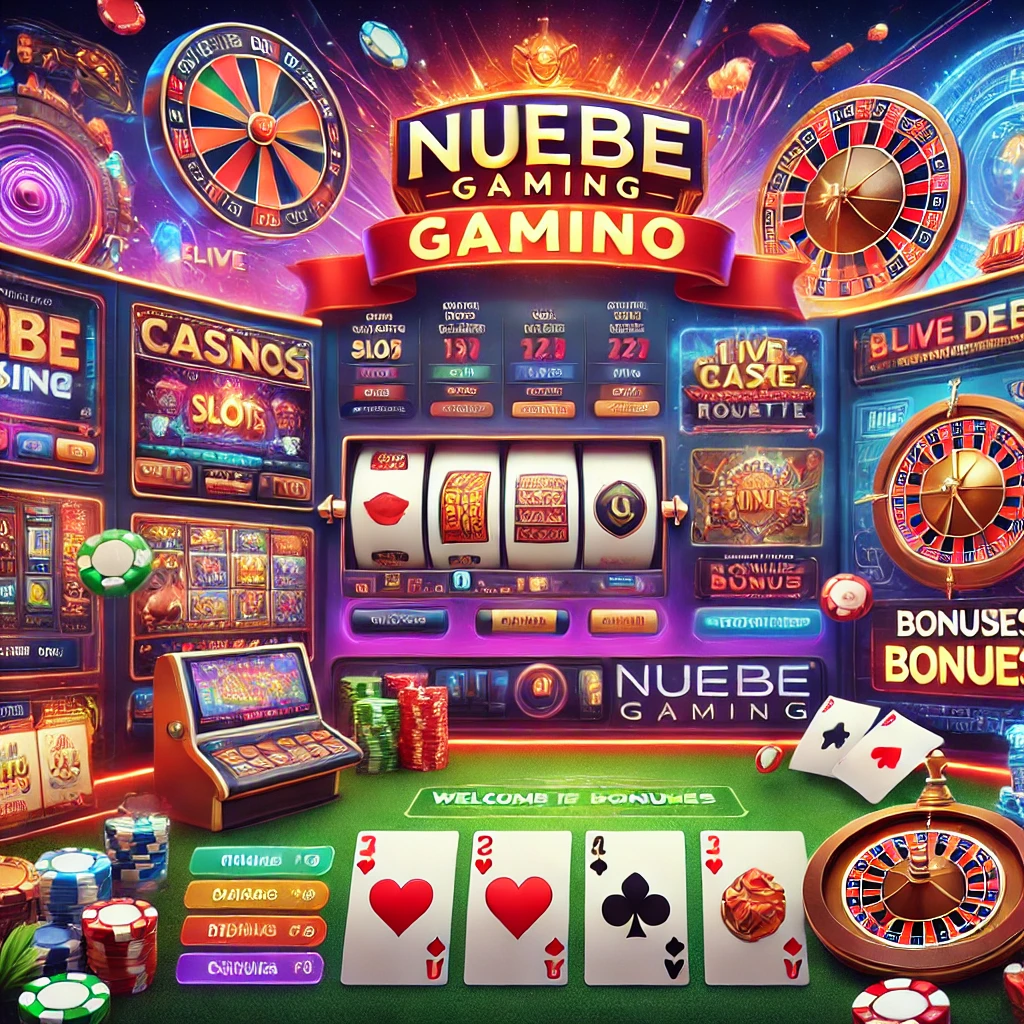 Illustration of the Nuebe Gaming Casino interface showcasing various games like slots, blackjack, roulette, and a live dealer section. The design features promotional banners highlighting bonuses and offers, with a modern and visually appealing layout. The Nuebe Gaming logo is prominently displayed, and the color scheme reflects the excitement of online casino gaming with elements like spinning reels, playing cards, and casino chips.