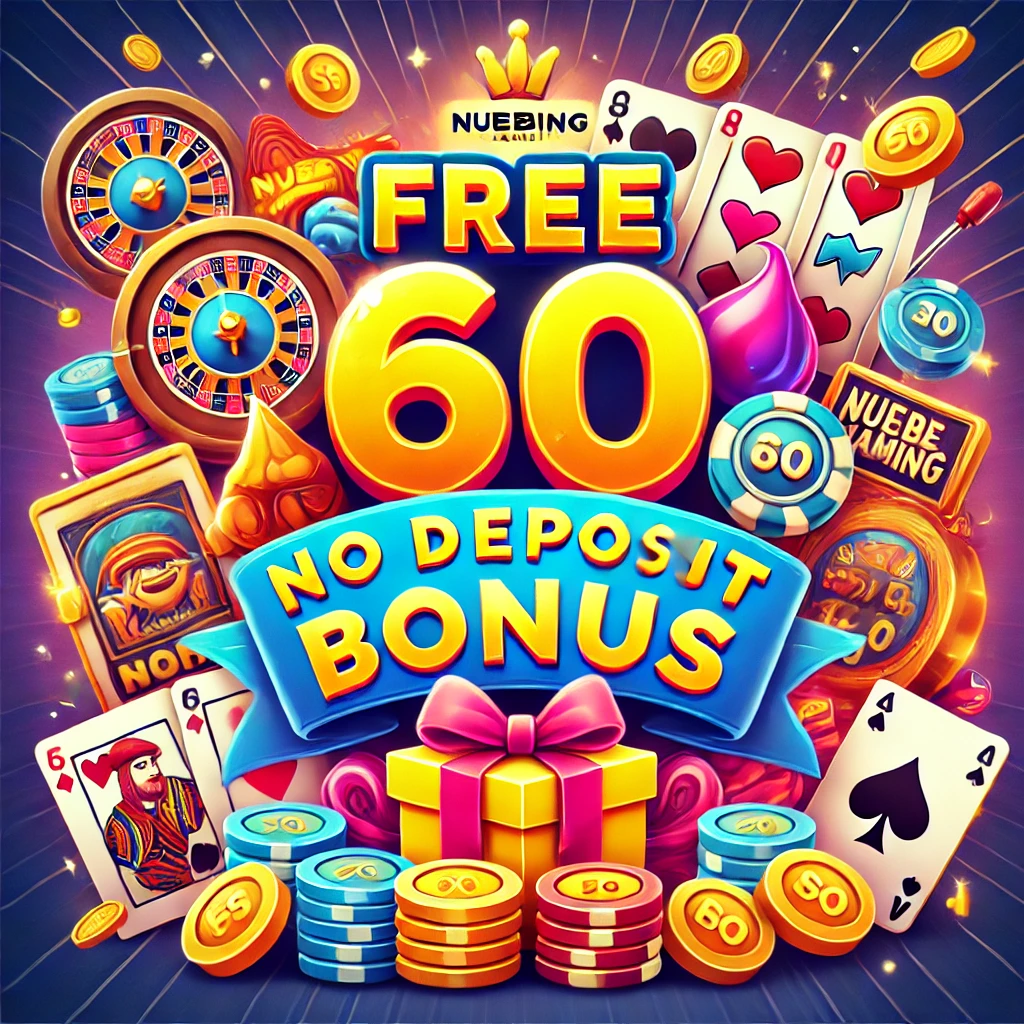 Illustration of the Nuebe Gaming Free 60 no deposit bonus offer, featuring a vibrant banner with the text 'Free 60 No Deposit Bonus'. The design includes elements like coins, a gift box, and casino-themed icons such as playing cards and slot symbols. The Nuebe Gaming logo is visible, and the overall theme reflects the excitement of online casino bonuses with a celebratory feel.