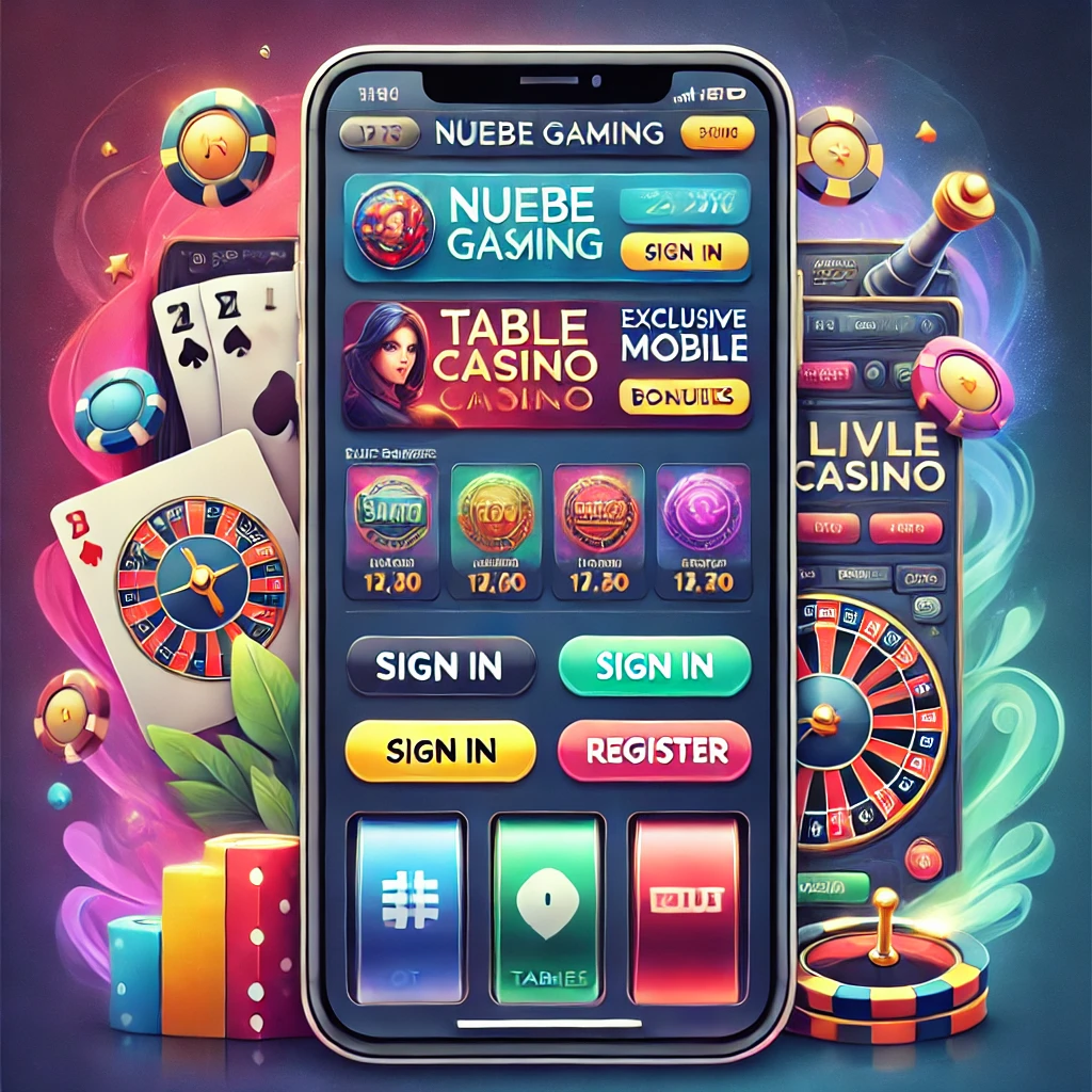 Illustration of the Nuebe Gaming mobile app interface, showcasing a sleek and modern layout with sections for slot games, table games, and live casino. The design prominently displays 'Sign In' and 'Register' buttons at the top, with banners highlighting exclusive mobile bonuses. The vibrant color scheme and integrated elements like casino chips, playing cards, and slot reels reflect the convenience and excitement of mobile gaming.