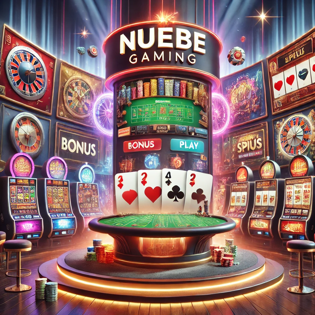 A dynamic visual representation of the Nuebe Gaming online casino platform, showcasing a variety of slot machines and classic table games like poker and blackjack, with promotional banners offering bonuses and free spins.