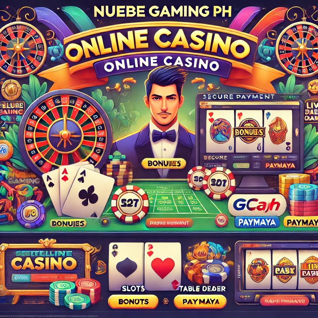 Illustration of the Nuebe Gaming PH online casino homepage featuring sections for popular casino games like slots, table games, and live dealer options. Banners promoting bonuses and secure payment methods such as GCash and PayMaya are visible, with a modern and user-friendly layout. The design is vibrant, with casino-themed icons like playing cards, chips, and reels, reflecting the excitement of online gaming tailored for Filipino players. The Nuebe Gaming PH logo is prominently displayed at the top.