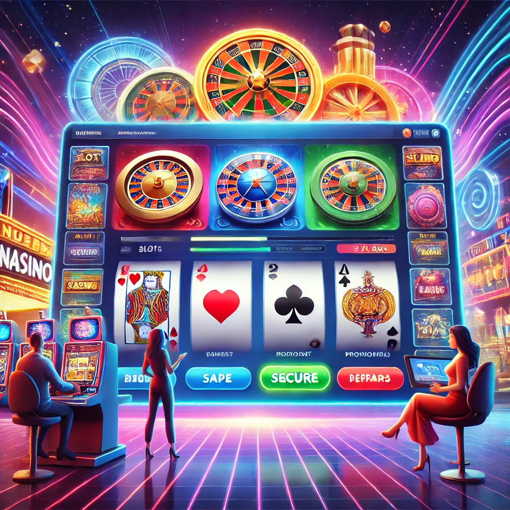 A vibrant and sleek online gaming platform interface for Nuebe Gaming, showcasing a variety of games such as slots, card games, and casino tables. Secure payment options and promotional offers are highlighted, providing a modern, user-friendly design focused on excitement and rewards for players.