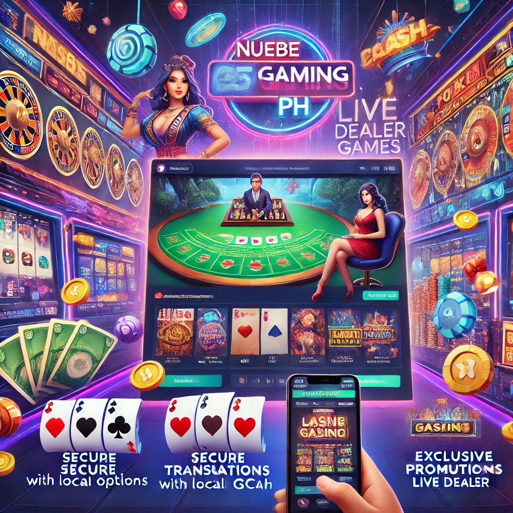 A vibrant and modern online gaming platform interface for Nuebe Gaming PH, showcasing various casino games such as slots, blackjack, poker, and live dealer games. The design emphasizes secure transactions with local options like GCash, exclusive promotions for Filipino players, and a mobile-friendly gaming experience, capturing the excitement of online gaming in the Philippines.