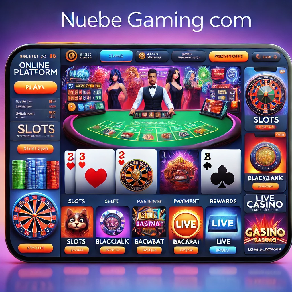 A vibrant online gaming platform interface for Nuebe Gaming Com, showcasing game options like slots, blackjack, baccarat, and live casino games. The design emphasizes user-friendly navigation, secure payment methods, and mobile-friendly access, with promotional offers and loyalty rewards featured prominently to enhance the gaming experience.