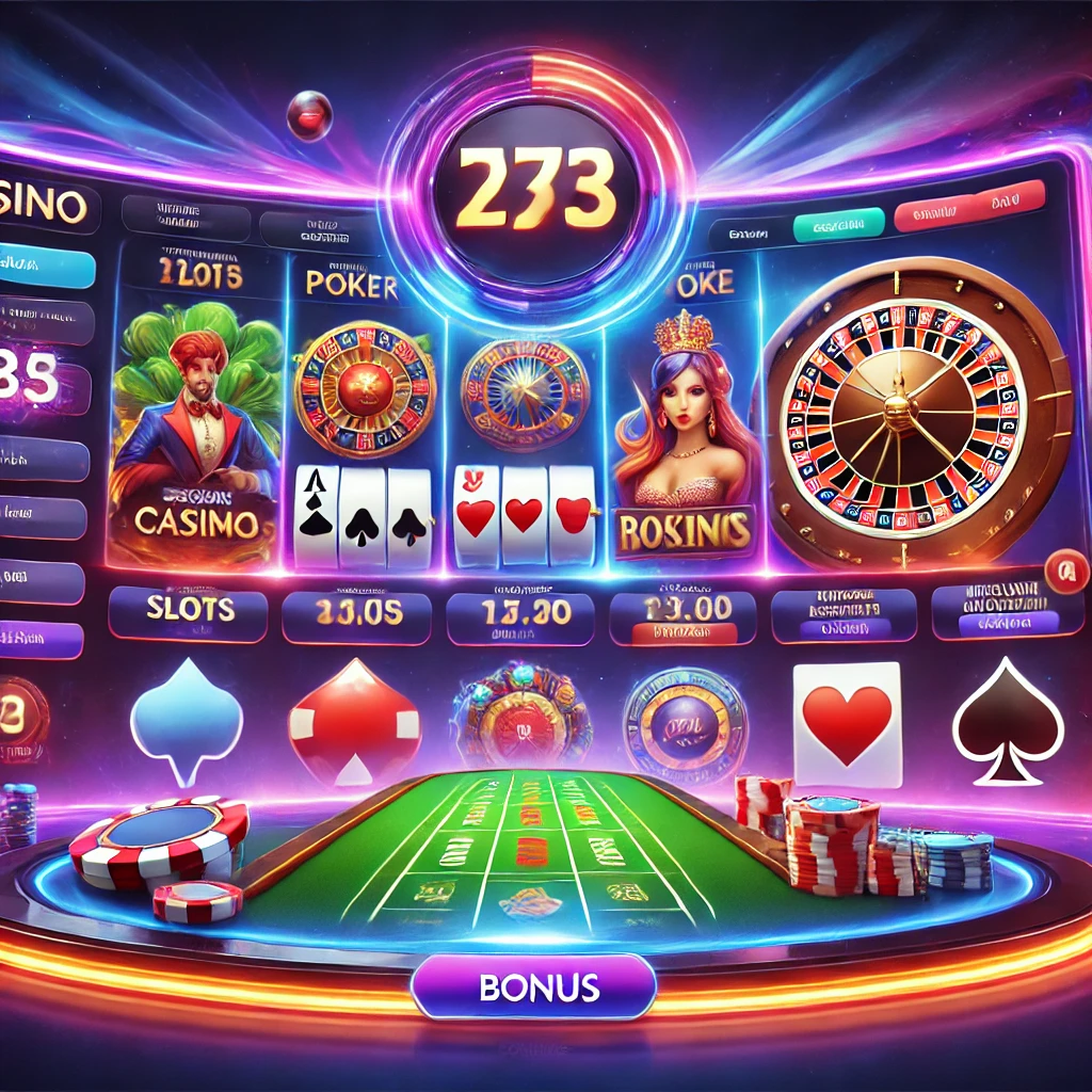 A vibrant online gaming platform interface displaying exciting casino games, including slots, poker, and roulette, with a sleek design, bright colors, and engaging elements. Bonus offers and a secure login section are visible, showcasing a welcoming and fun environment for players.